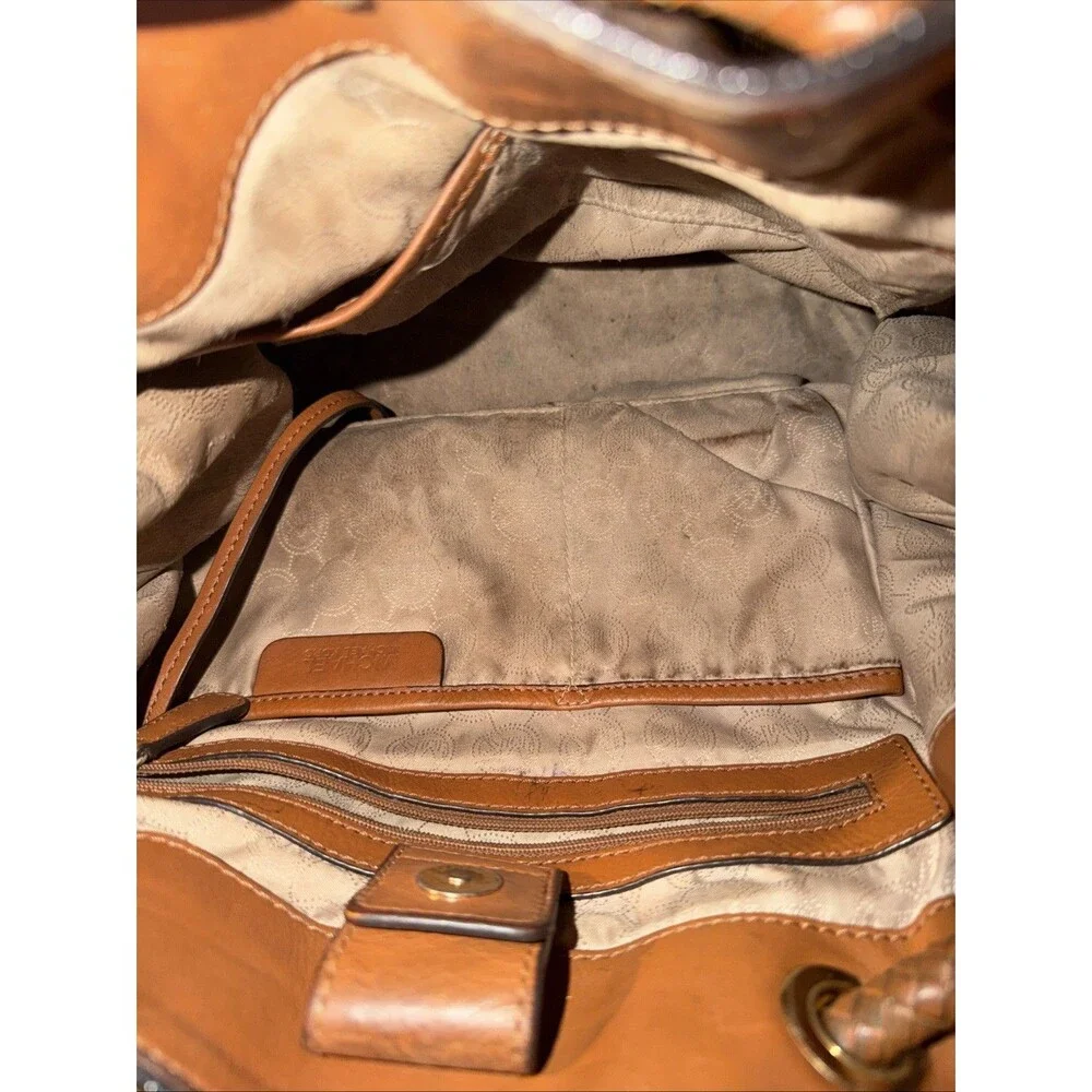 Michael Kors Leather Tote Bag Brown All-Over Logo Pattern Shoulder Handbag